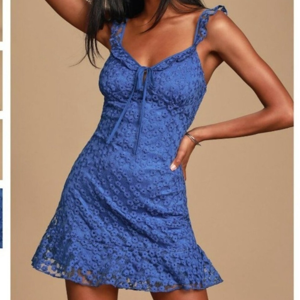 Lulus Charmaine Embroidered Mini Dress Royal Blue M
